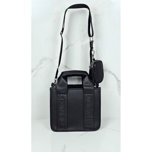Steve Madden Black Textured Logo Top Handle Bag with Detachable Pouch